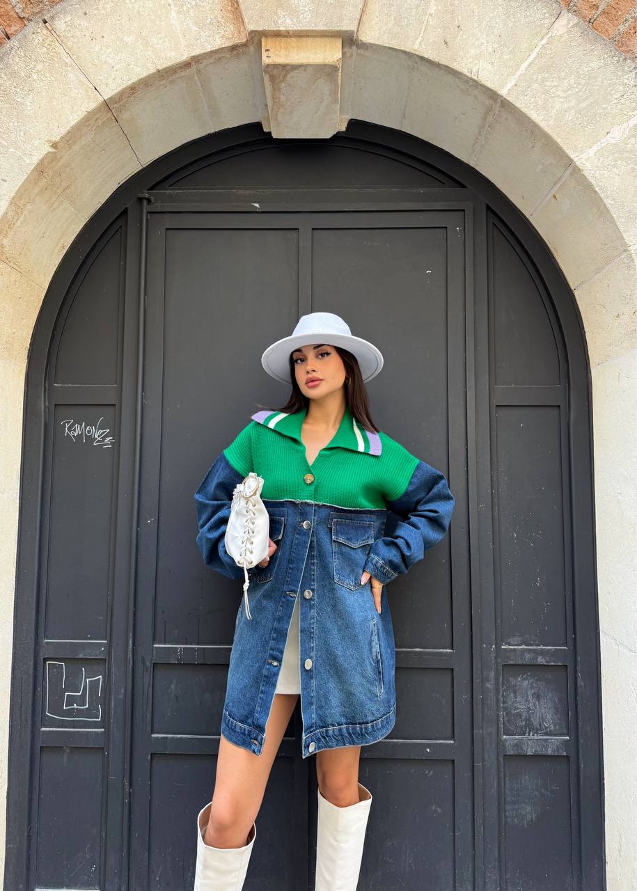 Kot kombinli yeşil triko hırka 